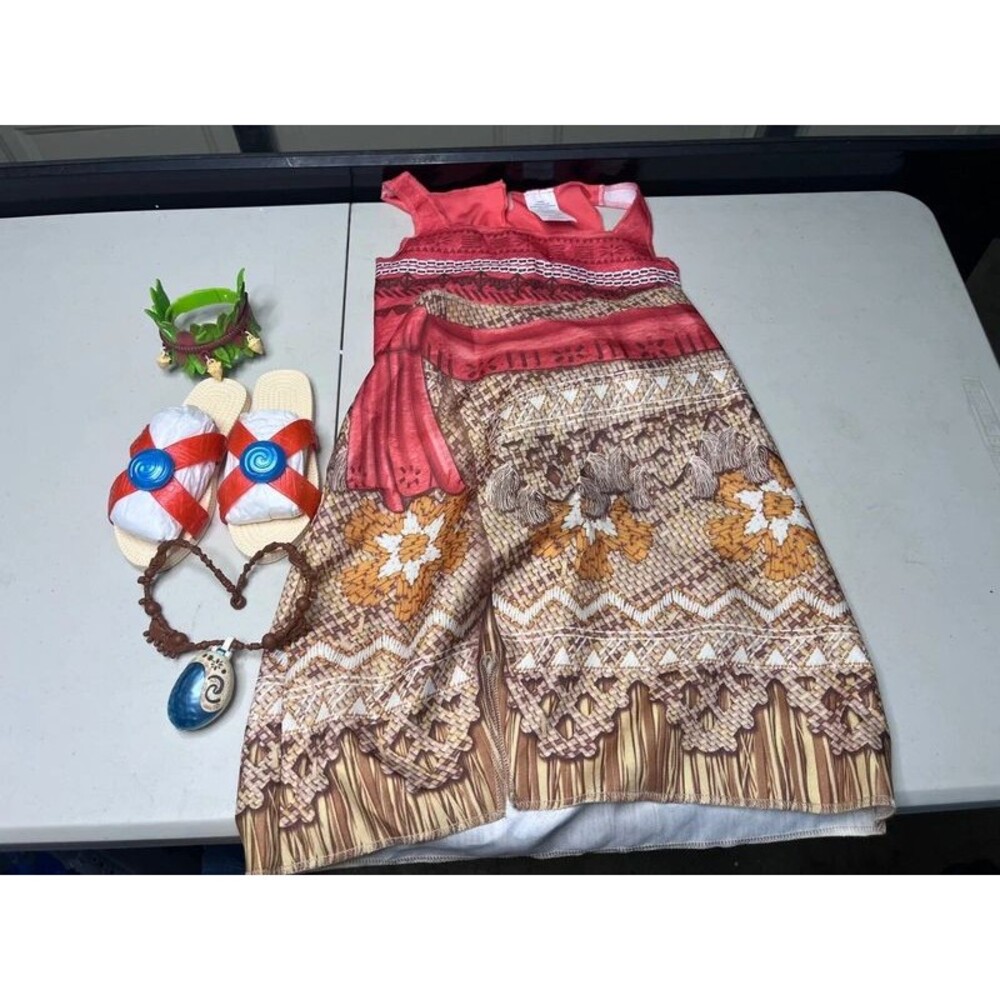 Disney Moana Costume 4-6X Dress Shoes Necklace Headpiece Set